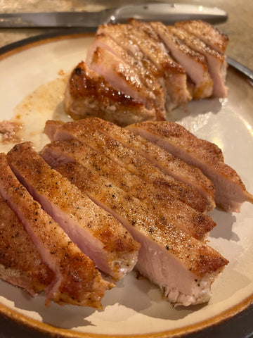 Sliced and seared pork chops