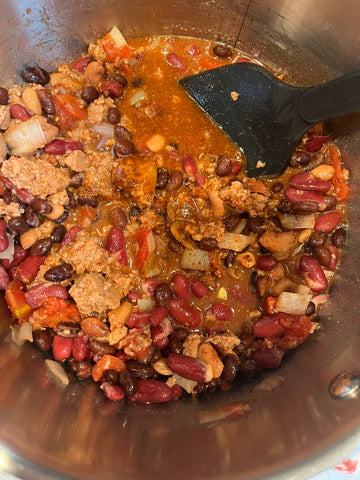 Pot of chili with vegan meat