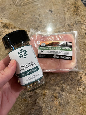 Marinated chicken breasts from Frontière Natural Meats with Savory Spice jar