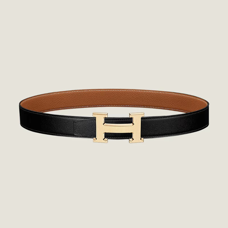 BNIB Hermès 24mm Belt ,Sz 80 Etoupe/Black W Rose Gold Glenan Buckle