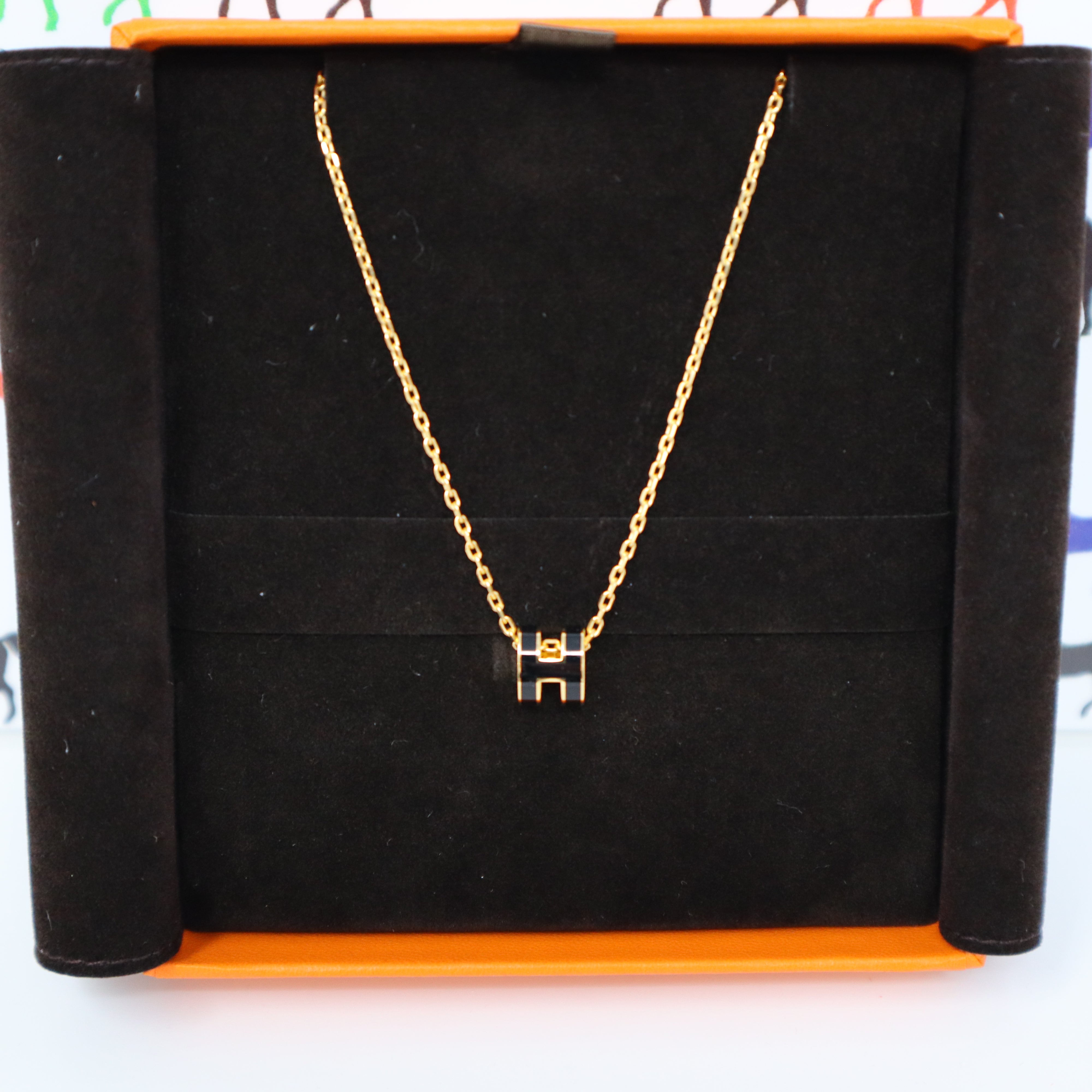 NEW HERMES MINI POP H PENDANT ENAMEL NECKLACE BLACK GOLD HARDWARE