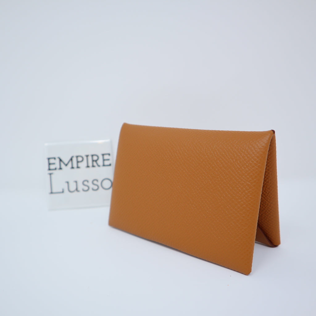 Hermes Calvi Duo Card Holder In Gold, Brown Epsom Leather – Found Fashion