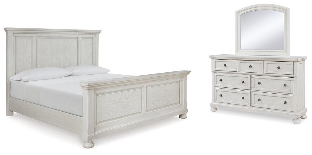 King Panel Bed in Robbinsdale Style Accompanied by a Mirrored Dresser