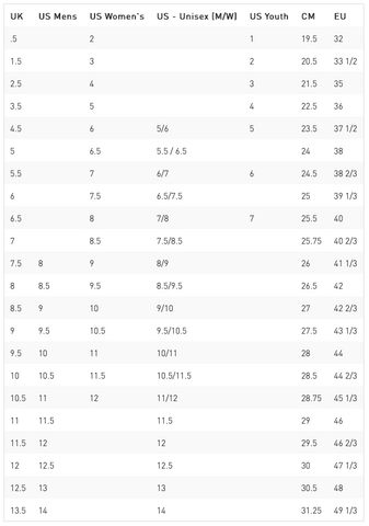 Astral Footwear's Size Chart