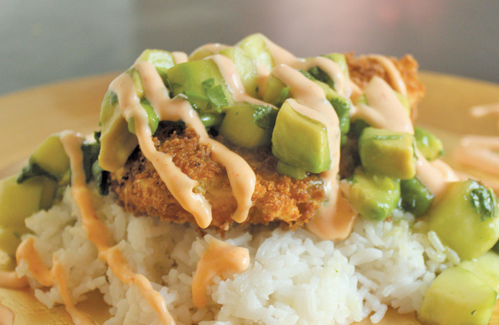 Panko Halibut with Avocado & Cucumber relish and spicy mayo sauce