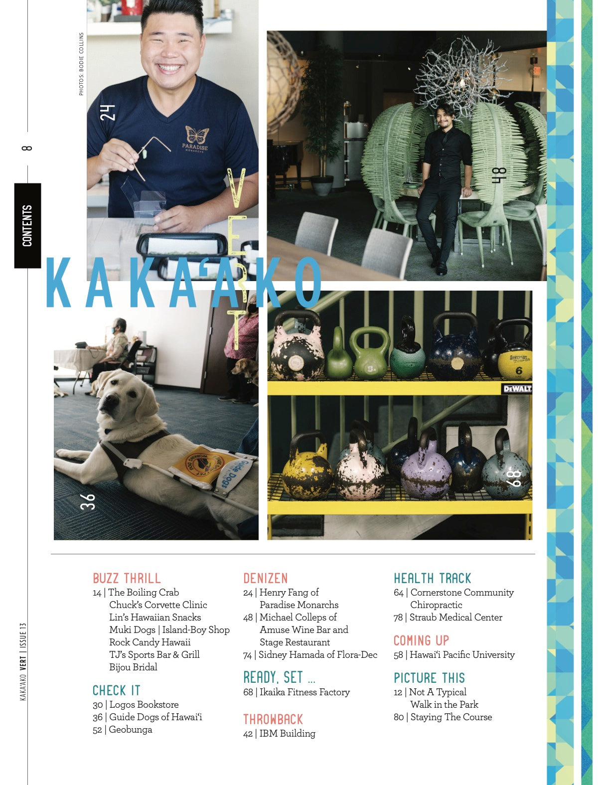 contents index page of Kakaako vert magainze featuring Hawaii's business Paradise Monarchs 