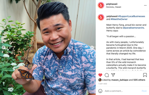 Paradise Monarchs owner, Henry Fang featured on Yelp Hawaii Instagram page.