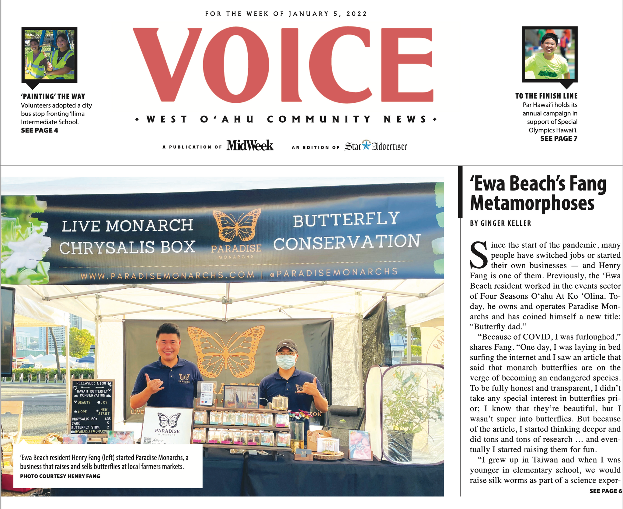 News paper feature in the voice west Oahu community news. An edition of star advertiser newspaper. Our newspaper feature article story. 