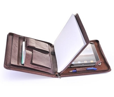 Vintage Leather Portfolio Organizer, Business Tablet Padfolio Folder