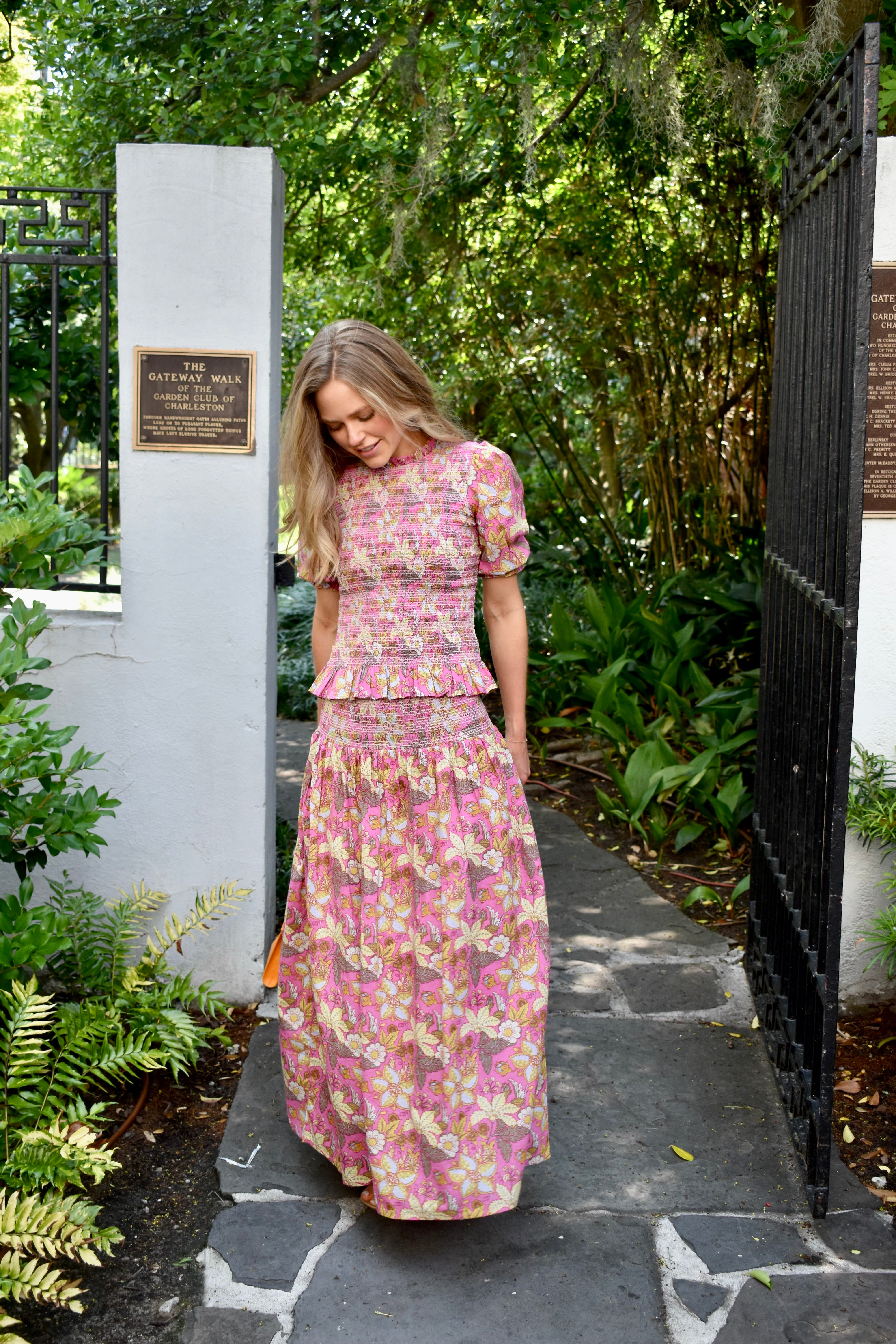 Serena Mykonos Maxi Skirt Pink Garden Floral