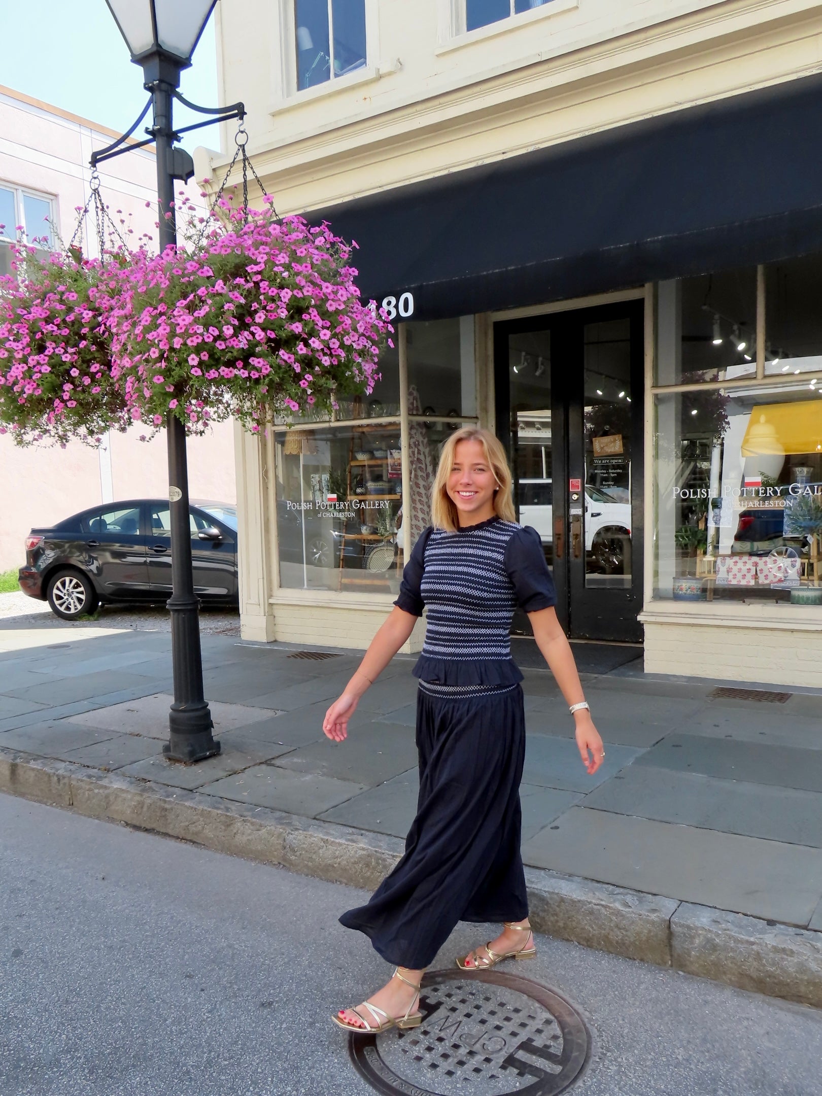 Annie Smocked Top Navy with White Stitching