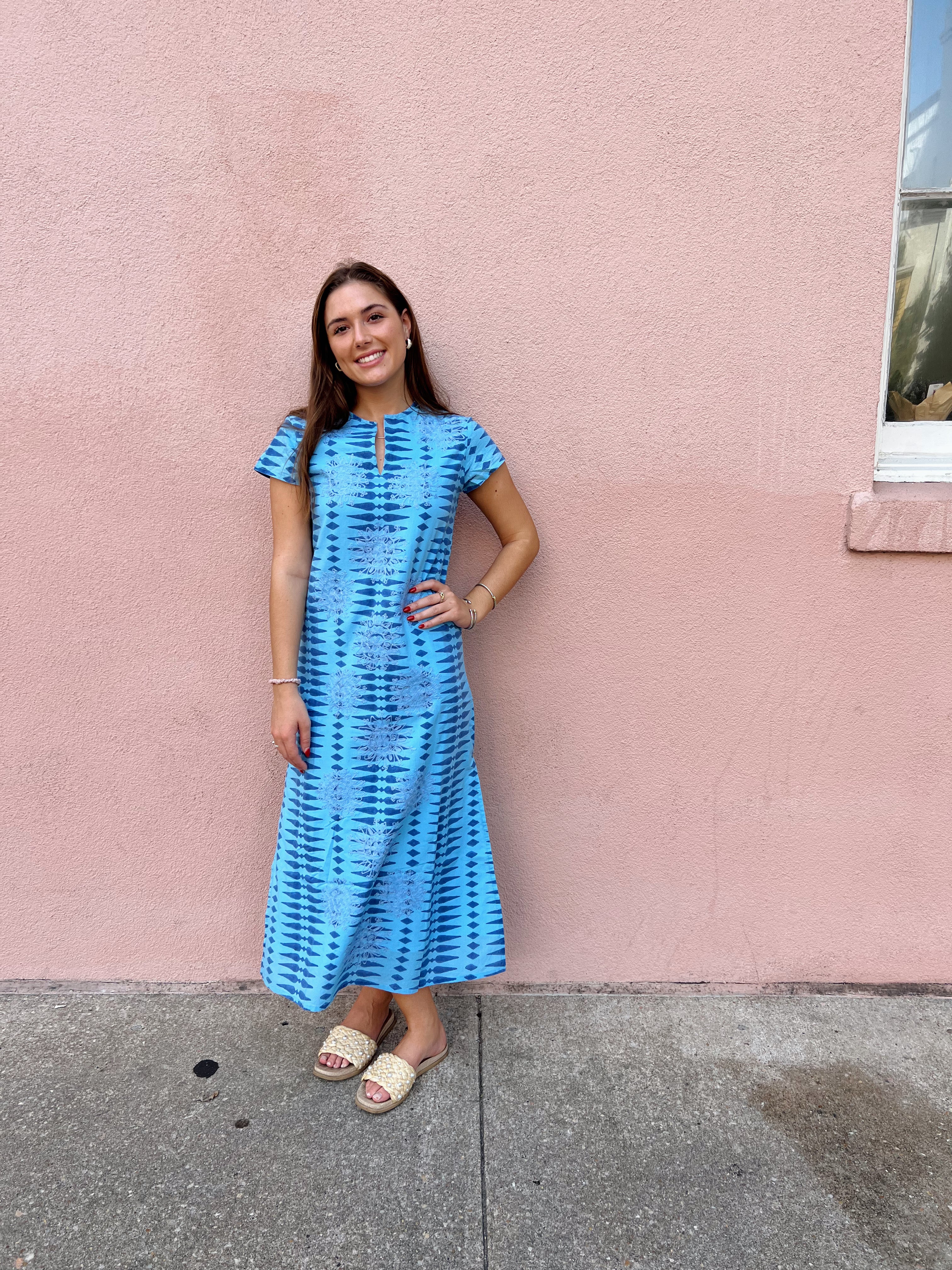 Sara Midi Embroidered Dress Short Sleeve Blue Geometric Final Sale