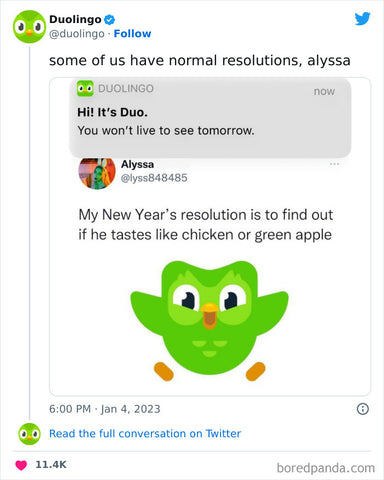 Alyssa wants to eat the dulingo bird. the bird doesn't approve of her new years resolution