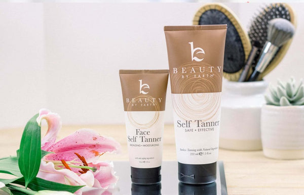 Beauty by Earth Self Tanner and Face Self Tanner with flowers