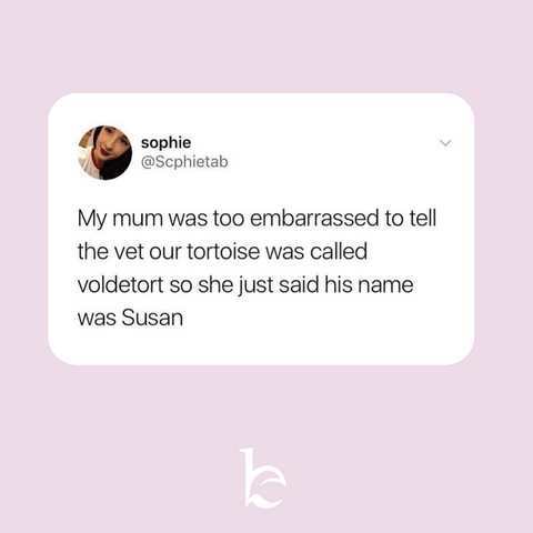 My mum was too embarrassed to tell the vet our tortoise was called voldetort so she just said his name was Susan