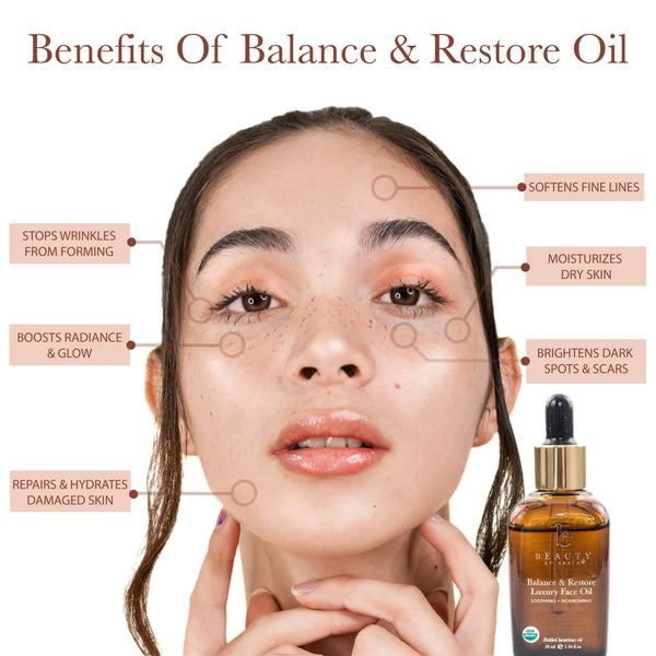 Chart listing all of the benefits of the BBE Balance & Restore Oil.