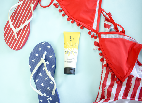 Beauty by earth sunscreen with fourth of july swimsuit