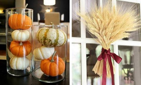 Image of Thanksgiving homemade eco-friendly decor with small pumpkins in a glass vase.