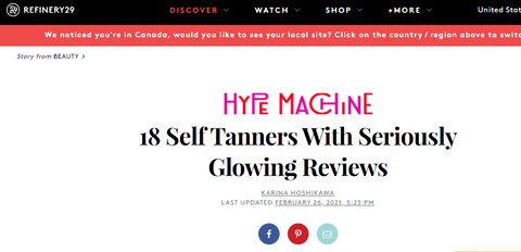 Image of the article from Refinery29 on 18 self tanners with seriously glowing reviews.