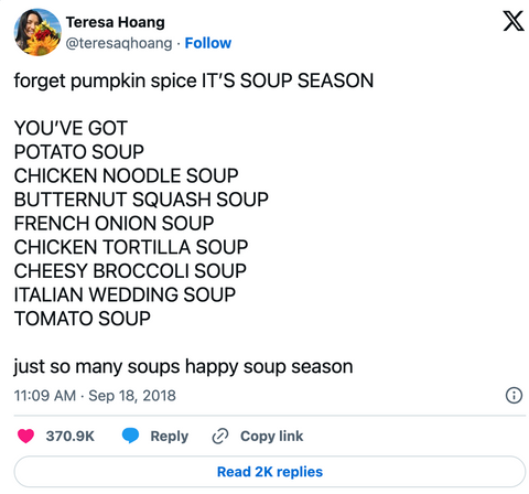 Forget about pumpkin spice! Its soup season meme
