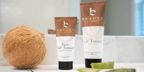 Image of two of BBE's clean self tanner alongside a coconut.