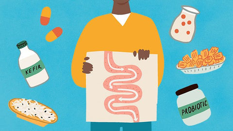 Cartoon image of a healthy gut surrounded by probiotic natural supplements.