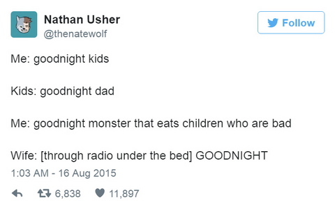 tweet nathan ussher - @natethewolf - good night kids, KIDS: goodnight dad