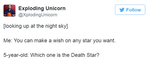 Exploding Unicorn @XplodingUnicorn [looking up at the night sky] Me: You can make a wish on any star you want. 5-year-old: Which one is the Death Star?