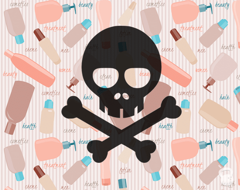 Image of a black skull/poison sign on a background of cartoon cosmetic jars.