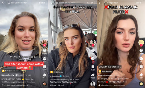 The bold glamour filter left lots of people perturbed. Credit: Screenshots: TikTok / @joannajkenny / @chiaraking / @wearelunaapp