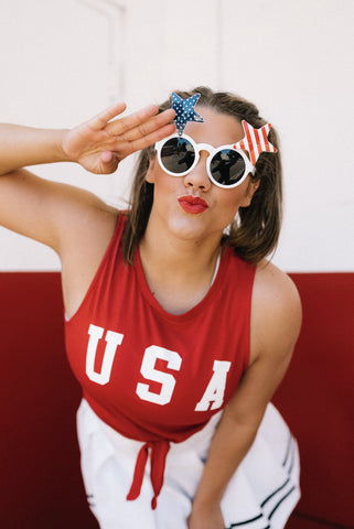 Woman with USA fourth of july shirt posing