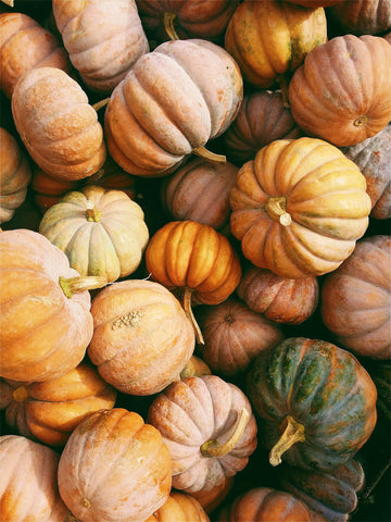 Five orange pumpkins sit in a row in front of a distressed, wooden background with a Thanksgiving messge.