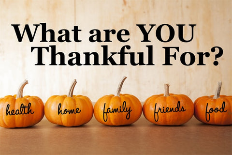 Five orange pumpkins sit in a row in front of a distressed, wooden background with a Thanksgiving message.