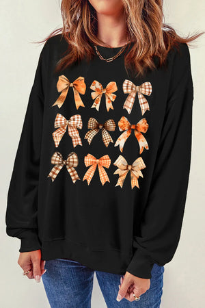 Bow Graphic Round Neck Long Sleeve Sweatshirt - AriesseirA