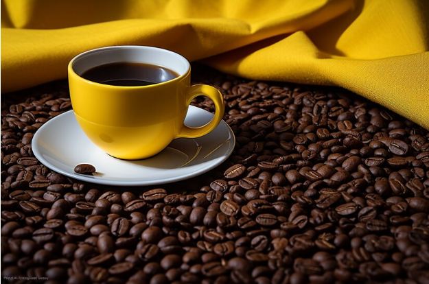 yellow coffee cup with beans
