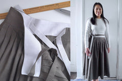 Two images, the right shows a lady wearing a pleated wrap skirt; the left shows close up detail of the pleats at waistband