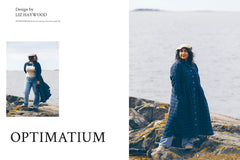 Magazine spread of lady wearing a zero-waste pattern dress on a cliff top, alongside the word "Optimatium"