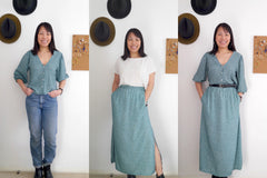 Three images of lady wearing a top, skirt, and combined as a dress