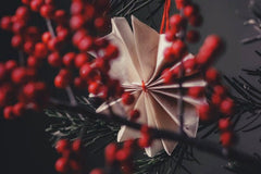 Paper decoration and berries on fir tree branches