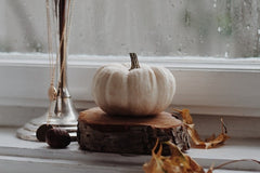 Pumpkin and autumnal leaves in front of a window full of condensation