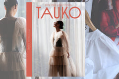 Images of ethereal sheer fabric garments, with a TAUKO magazine overlay