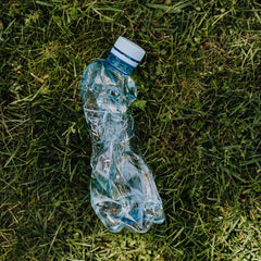 Crumpled plastic bottle on grass.