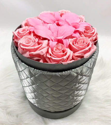 Extra Large 20x10 Hat Box in Pink Floral on Black Fabric 