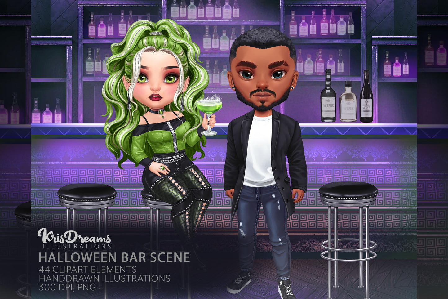 Bar Scene Clipart | Cocktail Bar Background Illustration | Halloween B –  KrisDreams Illustrations