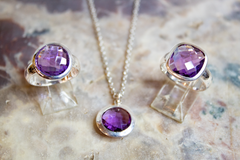 Handmade amethyst and sterling silver ring and necklace by Stephen Estelle