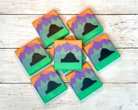 colorful soaps with black barn silhouette 