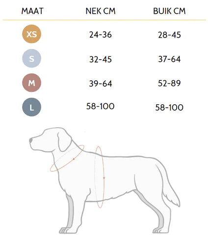 Size chart for dog harness Loop Velvet