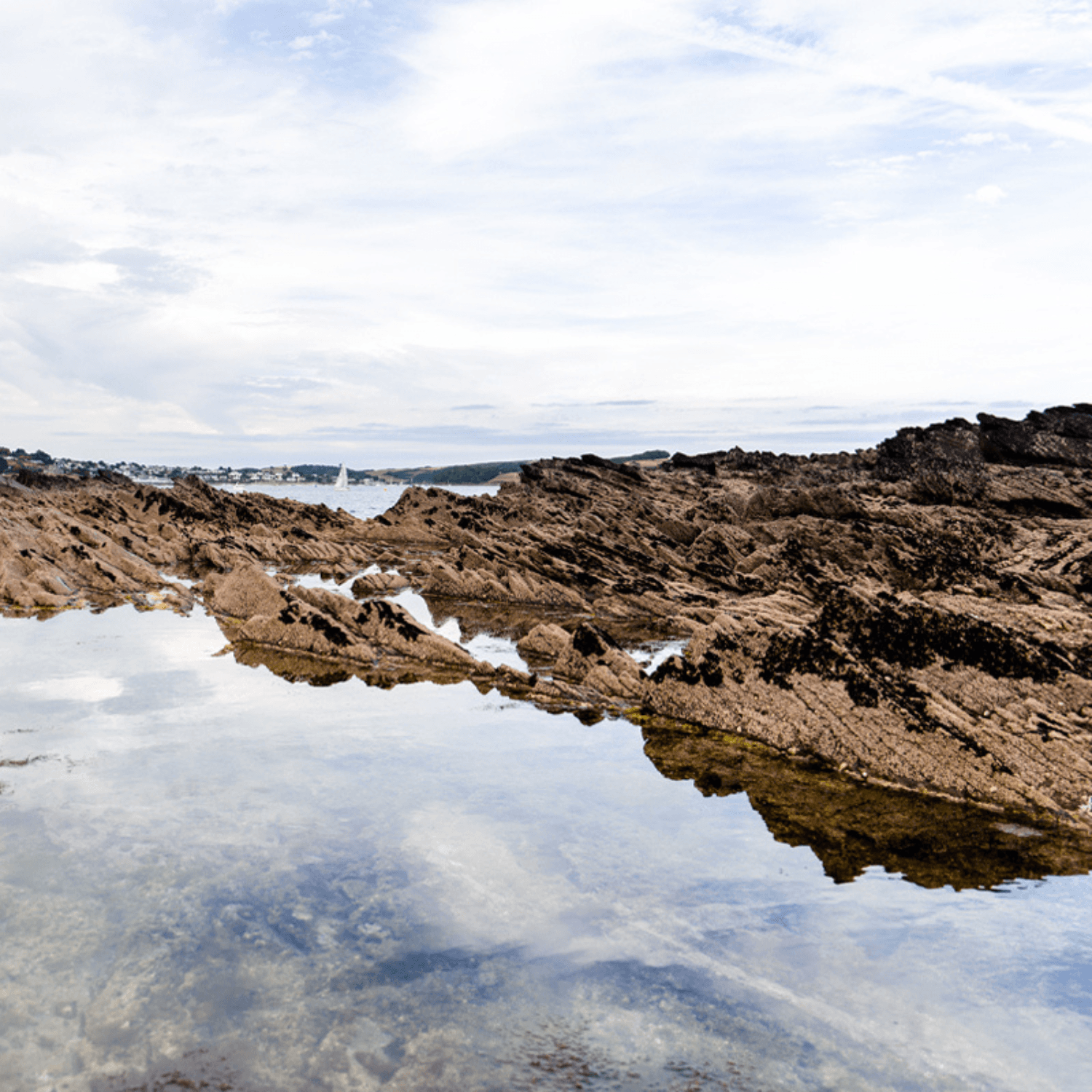 Tidal pool with brown rocks covered in limpets and mussels, with cloudy sky reflected in water.