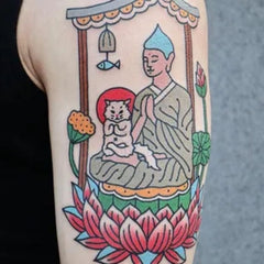 tatouage bouddhiste chat et bouddha