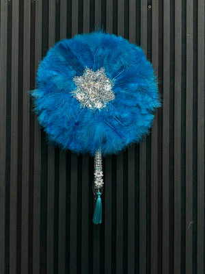 Sea Blue Feathered Fan with Silver inlays - Fabriq Star LLC